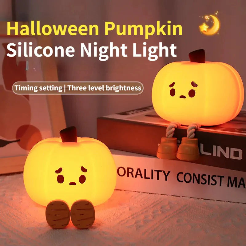 Cute Halloween Pumpkin Night Silicone Lamp. Touch Dimmable, Rechargeable. Bedside Decor Light For Kids, Gift, Halloween Decoration