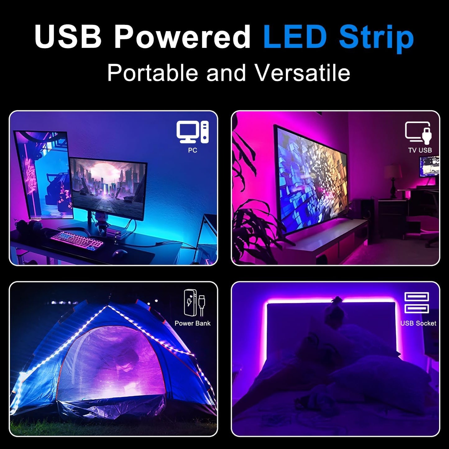 USB Powered Portable 50Ft Bluetooth LED Strip Lights, Change Color (16 Million) Dimmable, 22 Style with Speed Up/Down, Smart RGB Strip Lighting Sync Music, Indoor Tape Light APP Remote Control