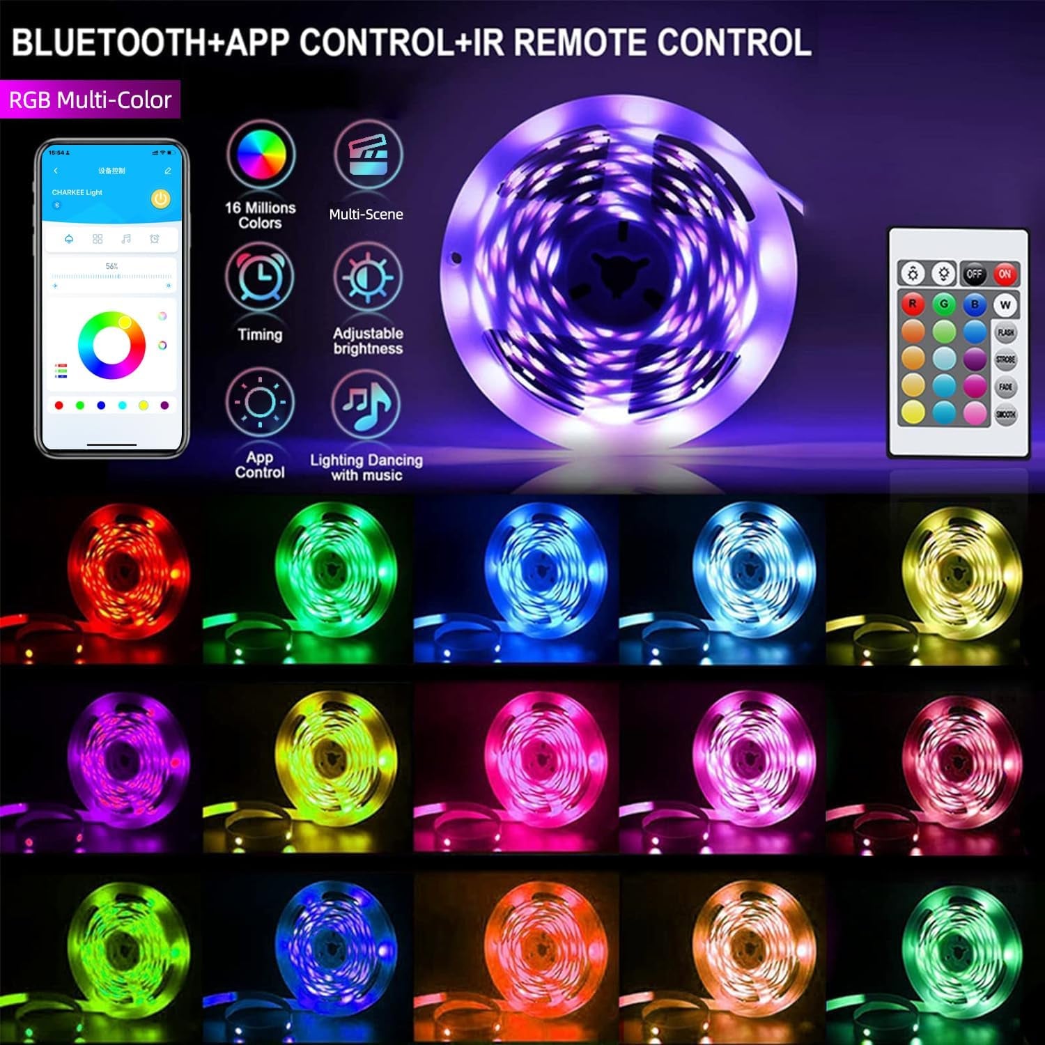 USB Powered Portable 50Ft Bluetooth LED Strip Lights, Change Color (16 Million) Dimmable, 22 Style with Speed Up/Down, Smart RGB Strip Lighting Sync Music, Indoor Tape Light APP Remote Control